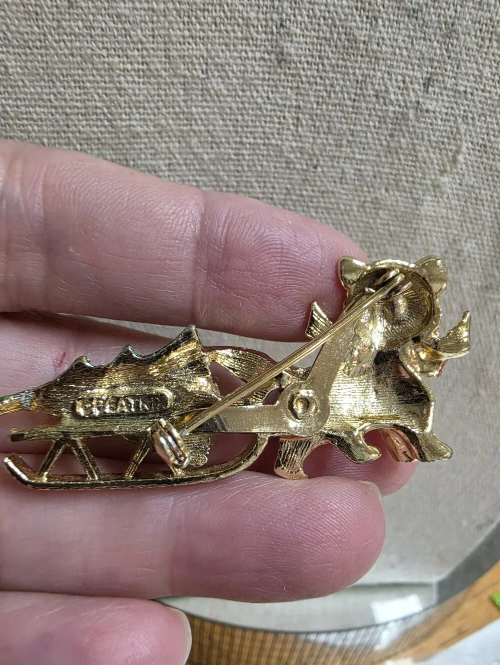 Vintage Beatrix Christmas Cat and Sleigh Brooch